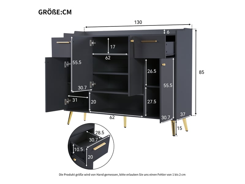  Meuble à chaussures 130x37x100 cm – noir – 2 tiroirs, 4 portes et rangement ouvert pour entrée moderne  - Conforama C