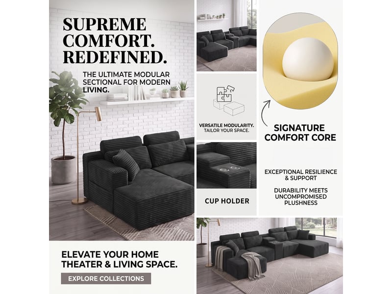 Canapé panoramique modulable compressé 6 places 372x151x80 cm, forme u, 2 porte-gobelets, sans structure, velours côtelé gris foncé - Conforama E