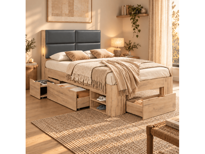  Lit enfant 90 × 200 cm avec tiroirs et niches coulissantes, tête de lit rembourrée, veilleuse et prises usb, naturel  - Conforama B