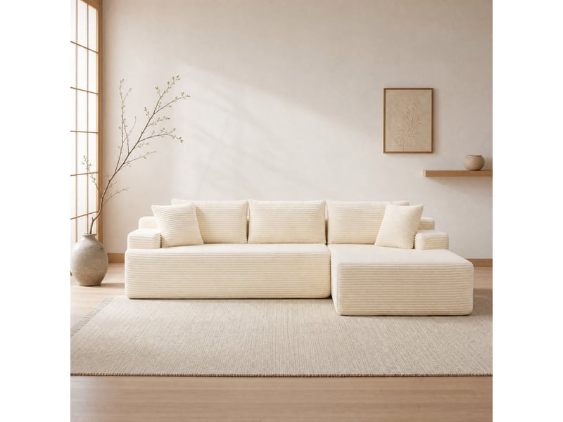 Canapé d'angle modulable 4 places en chenille ivoire avec chaise longue - Conforama C