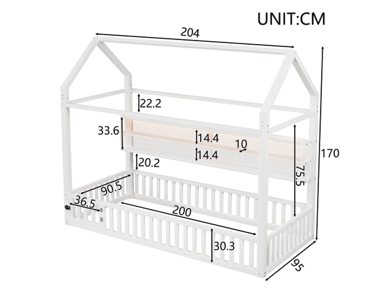 Lit cabane enfant 90x200 cm avec led et barrière de sécurité, en métal, blanc  - Conforama C
