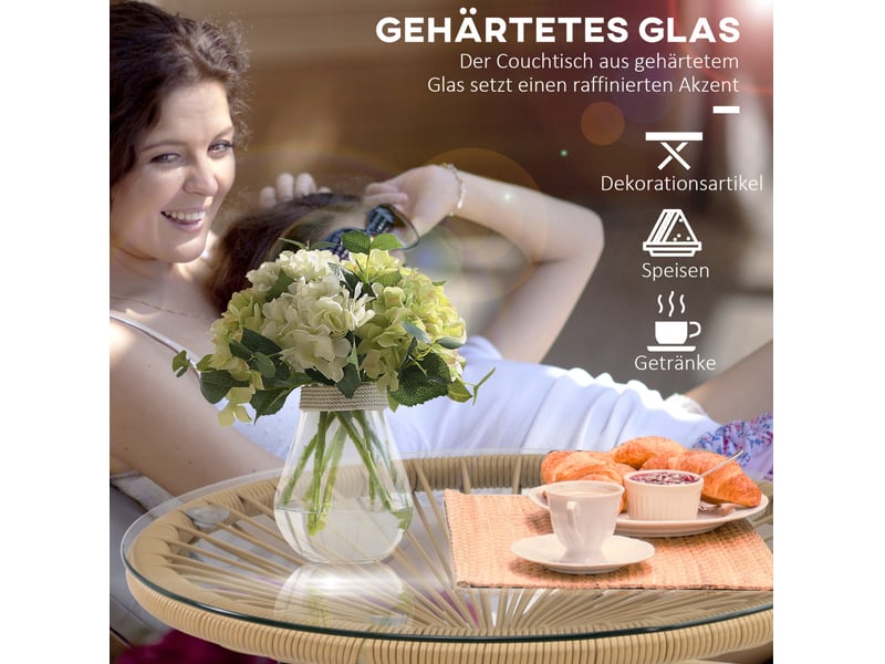 Table de jardin bistrot ronde avec plateau en verre trempé, pour balcon et terrasse, beige, 50 × 50 × 50 cm - Conforama D