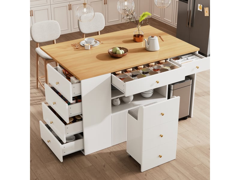  Desserte de cuisine 140x40(70)x90,5 cm, 6 tiroirs et tabouret coffre, structure en mdf et métal, meuble cuisine, blanc  - Conforama B