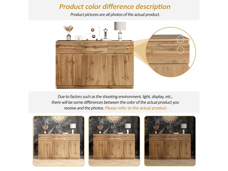  Buffet effet bois naturel 3 portes et 3 tiroirs 135x40x81cm  - Conforama D