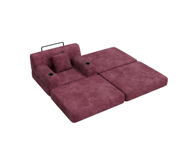  Fauteuil-lit 1 place avec pouf, couchage, 4 poches et 2 porte-gobelets en velours côtelé rouge lie-de-vin  - Conforama A