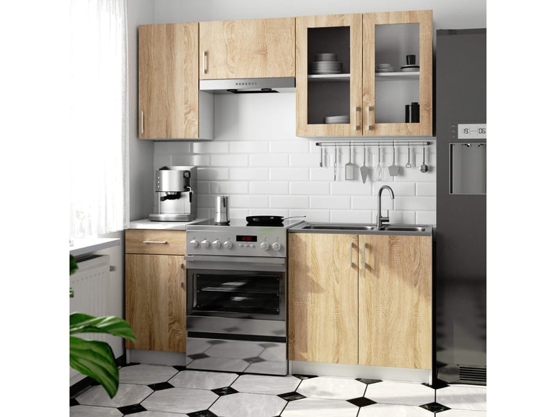  Ensemble de cuisine vitré akord lima 1.8m h720 blanc 180 cm 7 portes 1 tiroir façade chêne sonoma 8 étagères 180x44,5x203 cm LIMA 1.8m - Conforama B