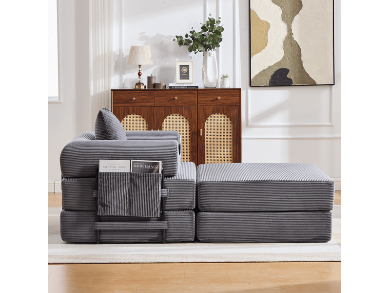  Fauteuil 1 place modulable ulevr en velours côtelé avec pouf, coussin et poche latérale, 190 x 112 x 67 cm, gris foncé  - Conforama E