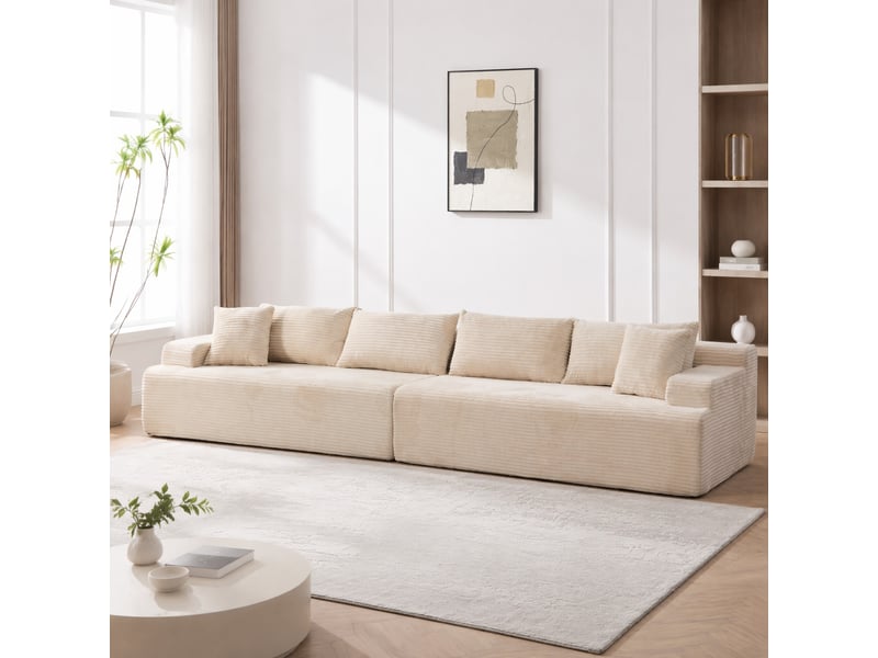  Canapé modulable 6 places en chenille ivoire avec chaise longue, 344 x 99 x 74,5 cm  - Conforama B
