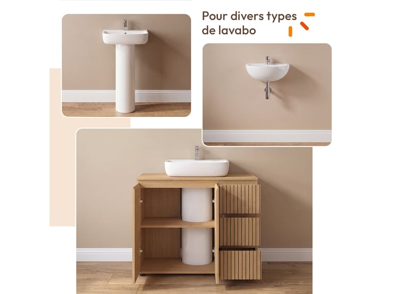  Meuble sous lavabo salle de bain victor avec placard et 3 tiroirs effet lattes  - Conforama D