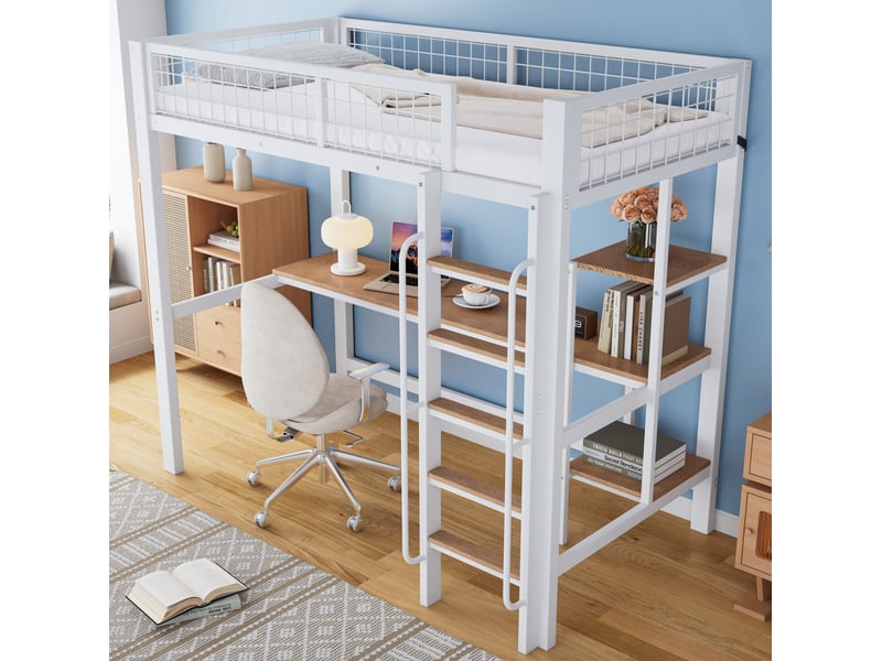  Lit superposé 90x200 cm avec bureau et étagères, métal, blanc et naturel pour enfant  - Conforama B
