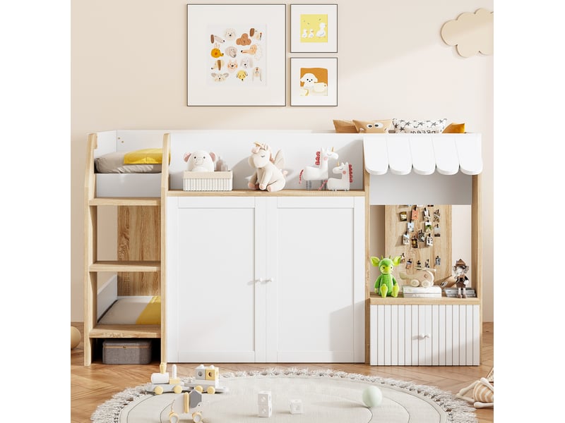  Lit enfant mi-hauteur cabane 90x200 cm avec échelle et rangement, blanc et bois naturel  - Conforama C