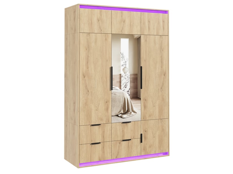  Armoire 135x47x200 cm avec miroir et led, 1 tringle, 4 tiroirs, mdf, bois, meuble chambre et dressing, chambre déco  - Conforama A