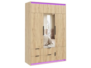 Armoire 135x47x200 cm avec miroir et led, 1 tringle, 4 tiroirs, mdf, bois, meuble chambre et dressing, chambre déco