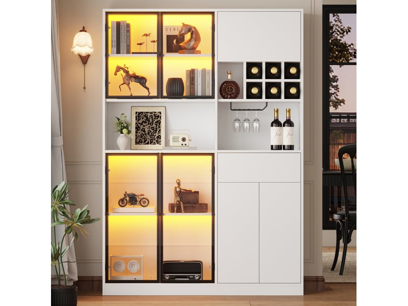  Vitrine avec led, 7 portes, 1 tiroir, 9 niches, range-verres et casiers à bouteilles, pour salon 140 × 30 × 200 cm  - Conforama E