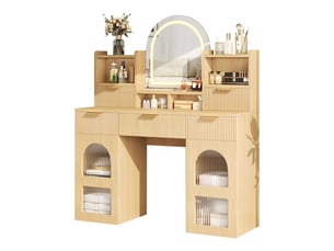 Grande coiffeuse led avec miroir et rangement - 3 tiroirs, 2 vitrines, étagères réglables, bois naturel, 120 x 40 x 139,5 cm