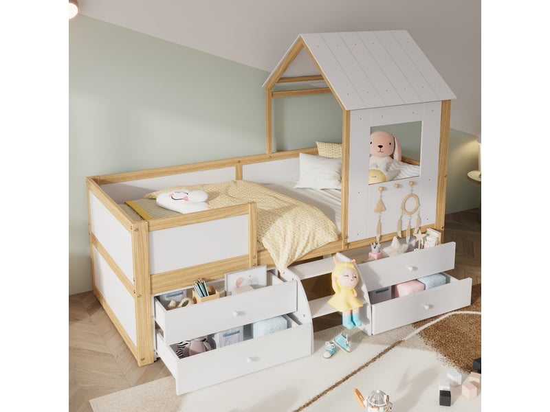Lit enfant 90x200cm, lit 1 place avec 4 tiroirs de rangement, escalier et sommier, lit maison, pin+mdf, blanc+naturel, sans matelas - Conforama C