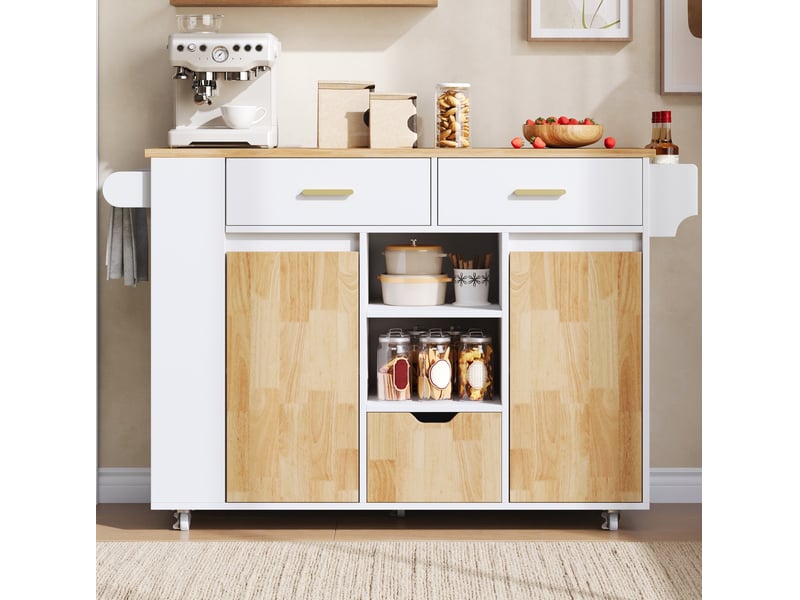 Desserte de cuisine 120x71x90 cm avec plateau rabattable blanc et décor bois - Conforama D