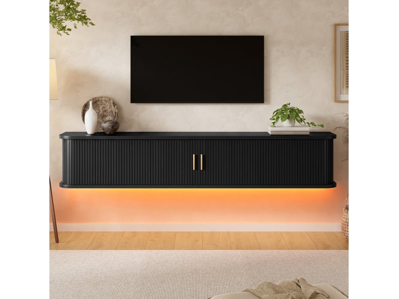  Meuble tv mural 175x30x30 cm, 2 portes coulissantes, tiroir, led réglable par application, mdf noir  - Conforama D