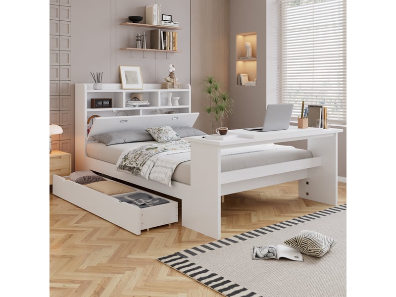 Lit enfant avec rangement, tête de lit étagère, tiroir et table pliante réglable, 140x200cm, blanc et structure bois - Conforama E