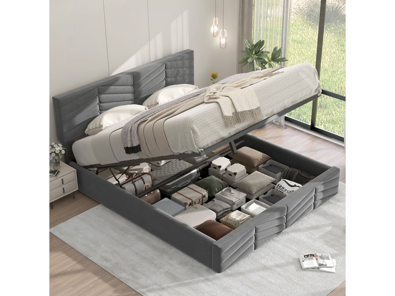  Lit double 140x200 cm velours gris - tête de lit rayée, réglable et coffre hydraulique  - Conforama E