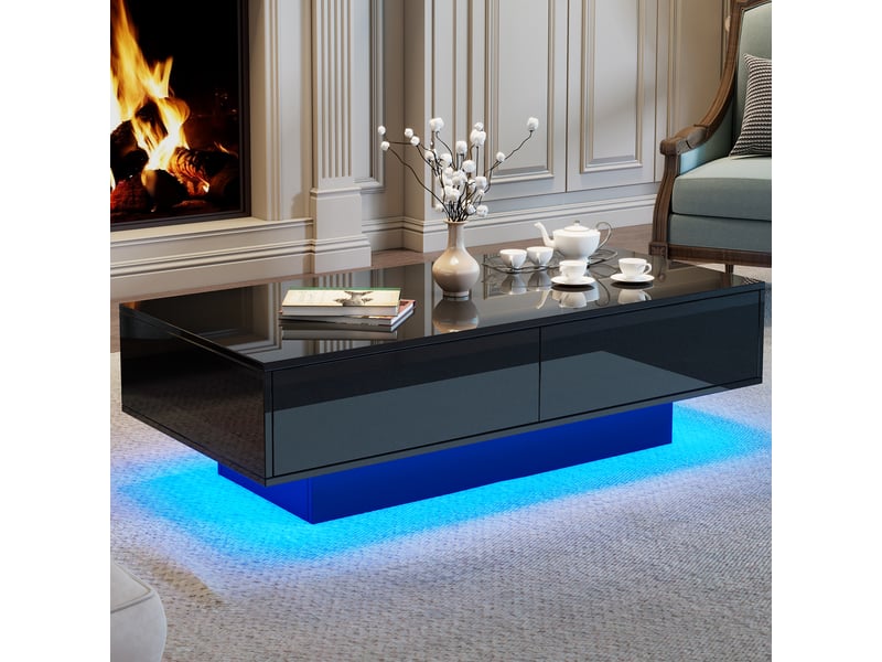 Table basse noire brillante, table de salon avec led intégrée et 2 tiroirs, meuble moderne 115x55x34 cm, capacité 30 kg. - Conforama C