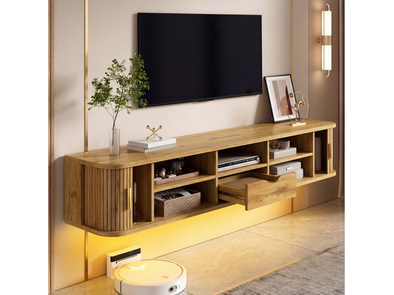  Meuble tv suspendu 175 x 30 x 30 cm portes coulissantes rainurées verticales led réglable par application mdf naturel  - Conforama E