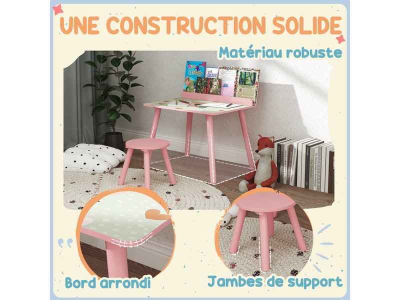  Ensemble table et chaise enfant table pour enfant avec chaise avec porte-livres motifs d'ours pour enfants 3-8 ans rose  - Conforama R