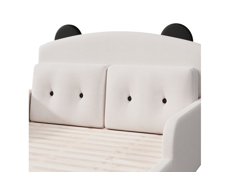  Lit plateforme 140x200 cm, tête de lit ours rembourrée, 2 coussins, structure stable, mdf et lin, blanc, sans matelas  - Conforama E