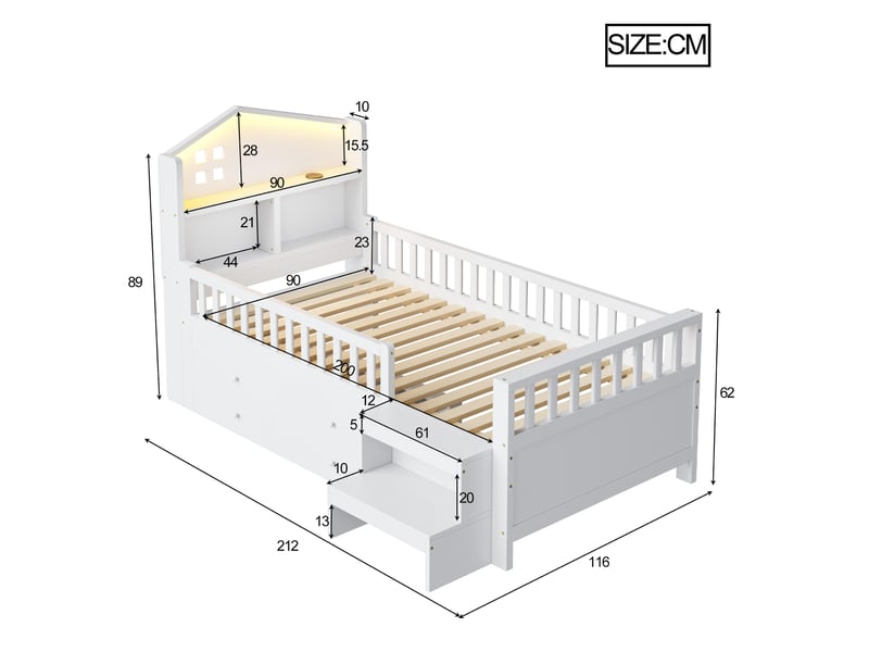  Lit 1 place, 90x200 cm, 4 tiroir, led, recharge, solution de rangement, matelas non inclus, mdf et pin, coloris blanc  - Conforama C