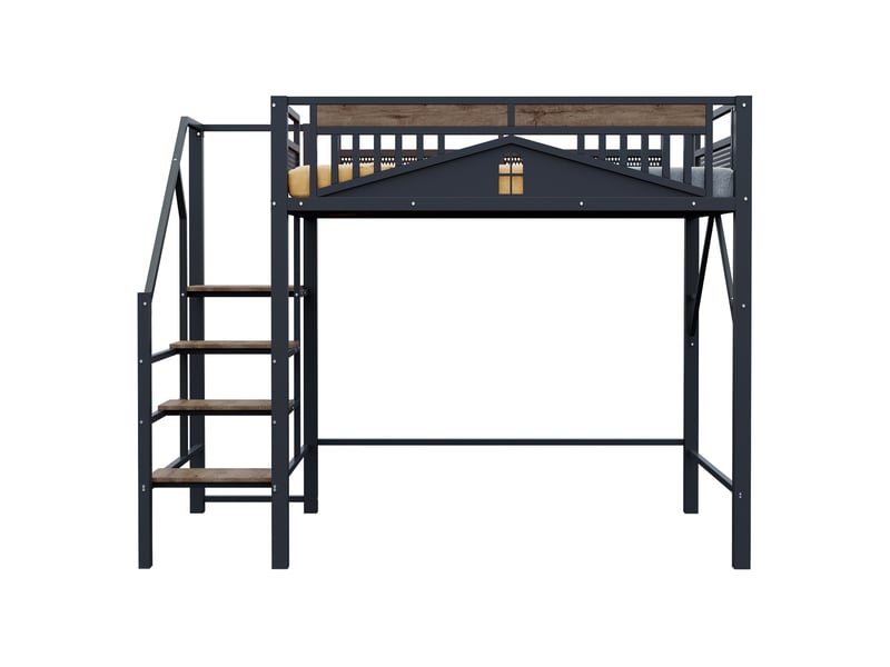  Lit mezzanine 140x200cm coloris noir métal et bois massif lit enfant noir - Conforama A