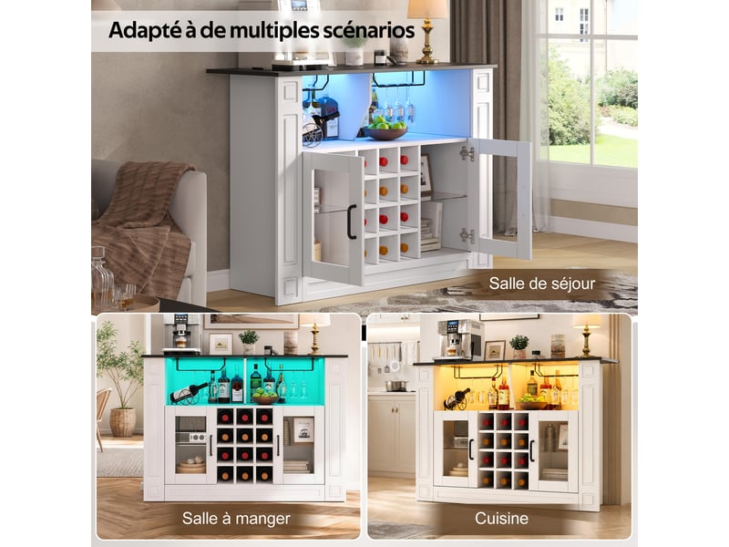  Meuble bar à vin avec éclairage led rgb, casier 12 bouteilles, 120 cm blanc et plateau noir  - Conforama E