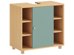 Meuble sous lavabo, meuble de salle de bain avec 6 étagères ouvertes et porte à fermeture amortie 60 x 33 x 57 cm, vert