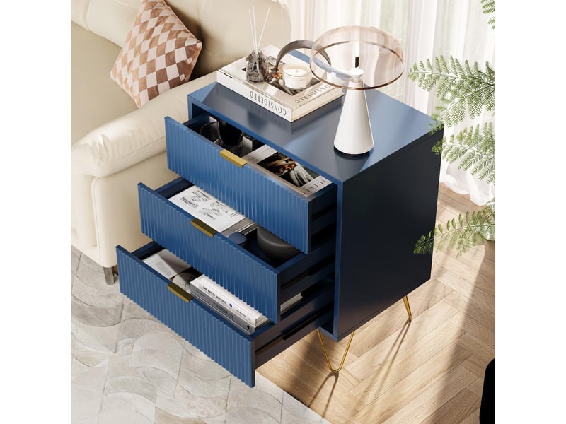  Commode 3 tiroirs - 60x40x70cm - commode de chambre avec façades cannelées, poignées et pieds épingles métal - bleu foncé  - Conforama C