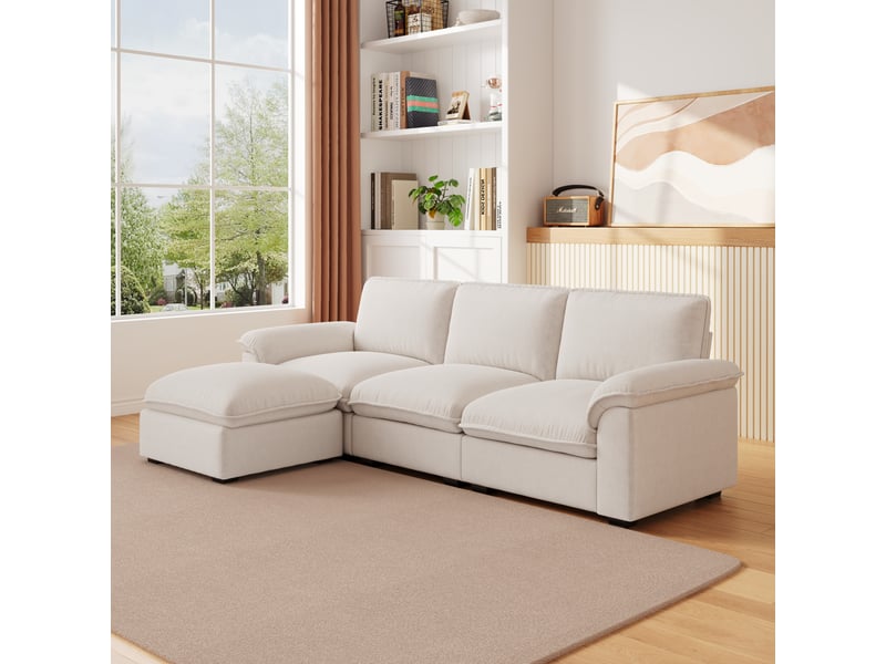 Canapé d’angle modulable 4 places avec méridienne - coussins ergonomiques, chenille - beige - Conforama C