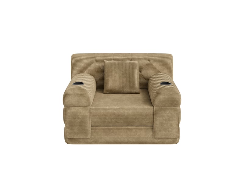  Canapé droit convertible lit 1 place en velours côtelé kaki avec rangement latéral et porte-gobelets  - Conforama A