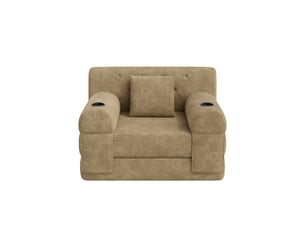 Canapé droit convertible lit 1 place en velours côtelé kaki avec rangement latéral et porte-gobelets