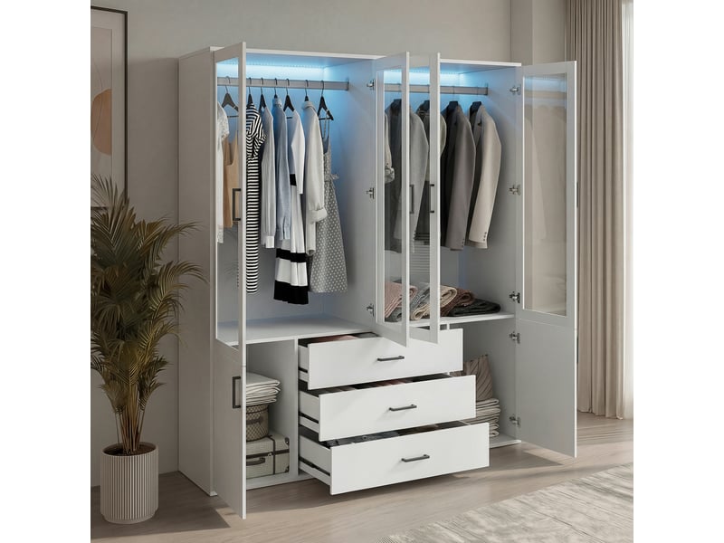  Armoire 4 portes – 3 tiroirs – 130×51,8×181,5 cm – led –  miroir –  rangement xxl – moderne  – blanche  - Conforama D