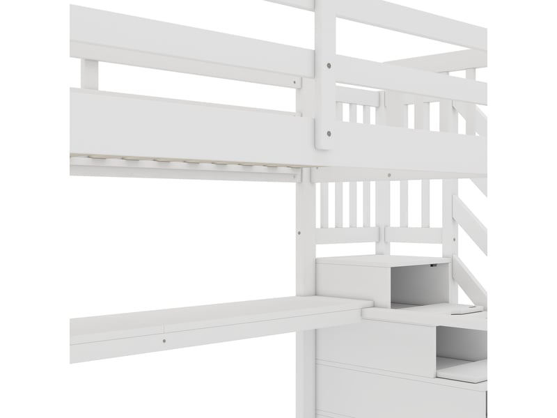 Lit mezzanine 90 x 200 cm, lit enfant surélevé, tiroirs de rangement, bureau intégré, étagères ouvertes, échelle, bois massif, blanc Morn Vibe - Conforama E