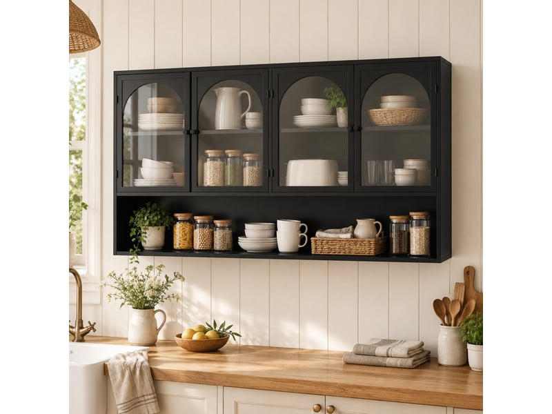  Armoire murale avec 4 portes en verre gris, rangement suspendu pour cuisine et salon, métal noir, 120×23×70 cm  - Conforama C