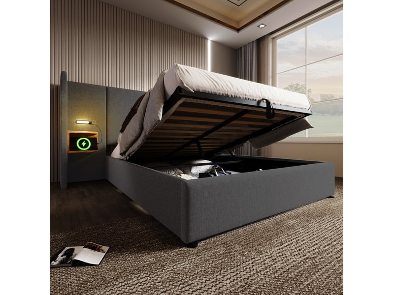  Lit double 180 x 200 cm avec rangement hydraulique, lampes de lecture et recharge usbtype-c, gris  - Conforama B