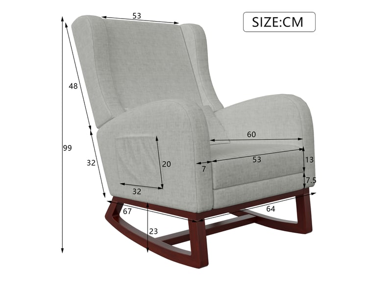  Fauteuil à bascule en tissu gris avec repose-pieds - 67 x 64 x 99 cm-gris - chaise berçante ergonomique avec poches latérales et coussin  - Conforama B