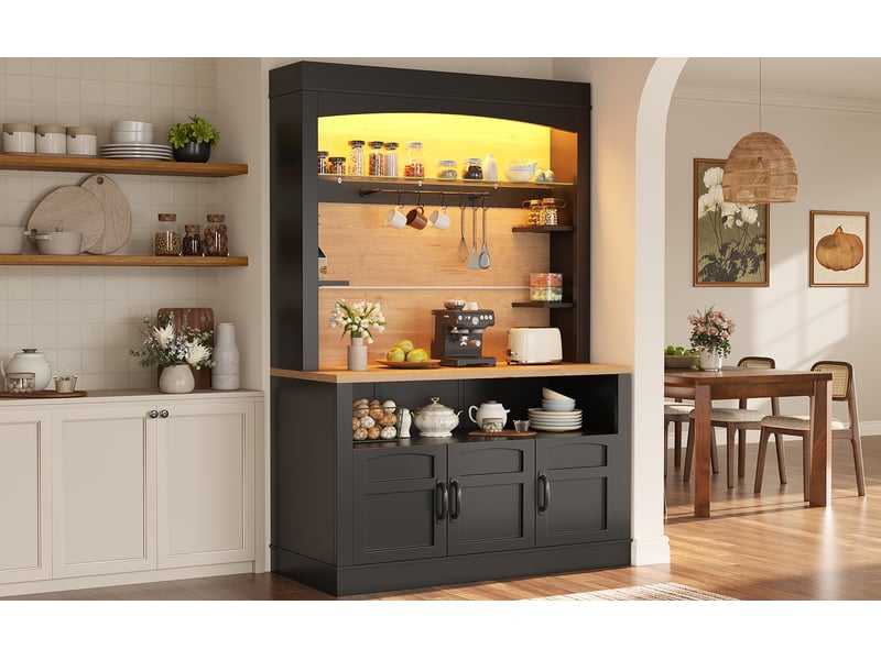  Lot de 2 armoires de cuisine avec plan de travail 203 x 40 x 174 cm, led rgb et commande par application, 12 crochets et 6 étagères, noir  - Conforama D