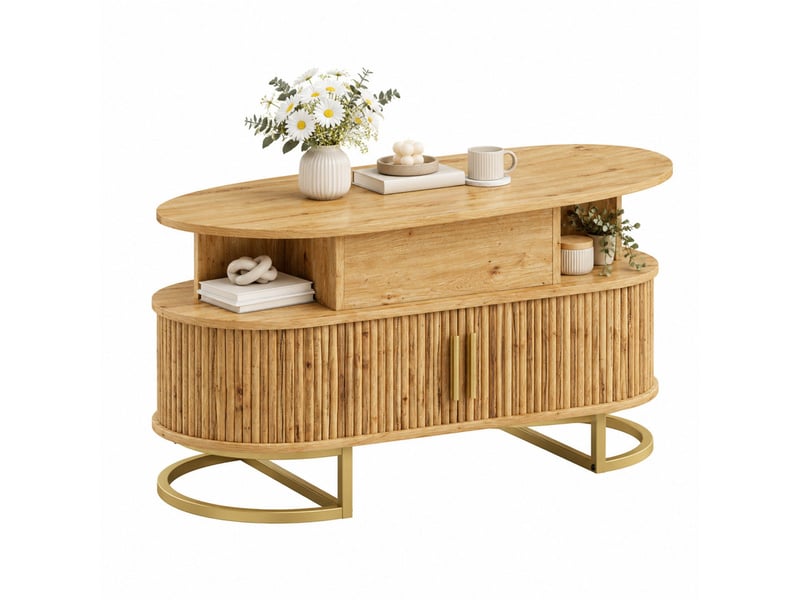  Table basse ovale 100 x 50 x 64 cm en mdf réglable en hauteur avec rangement naturel chicfurn  - Conforama A