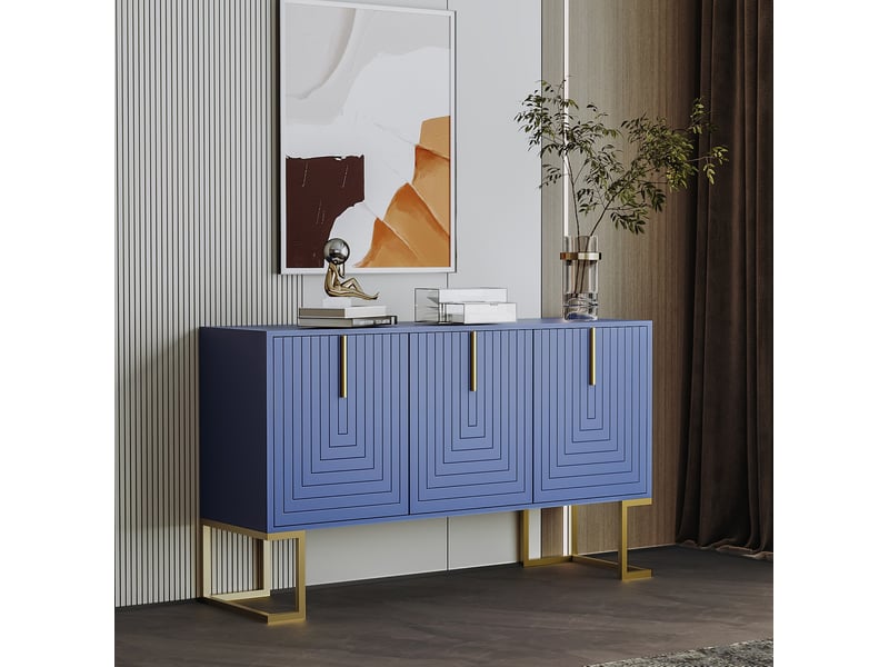  Buffet bas modenvie 3 portes en mdf et panneaux de particules bleu marine avec étagères réglables et pieds métalliques  - Conforama D