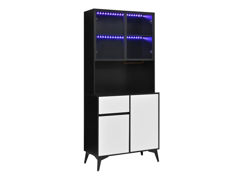  Armoire de cuisine vitrine buffet vaisselier meuble de rangement salle à manger noir et blanc mdf avec éclairage led app  - Conforama A