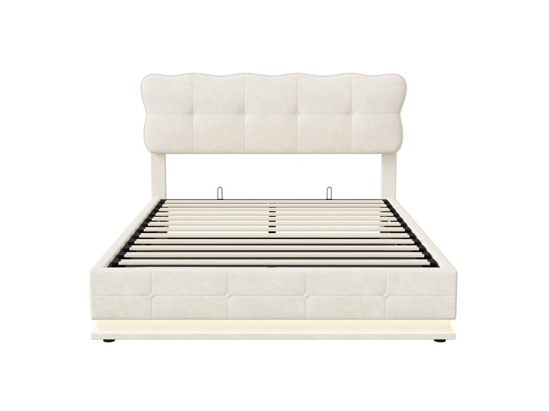  Lit 140x200cm - lit coffre 140x200cm - tête de lit de rangement led et sommier relevable - velours beige  - Conforama A