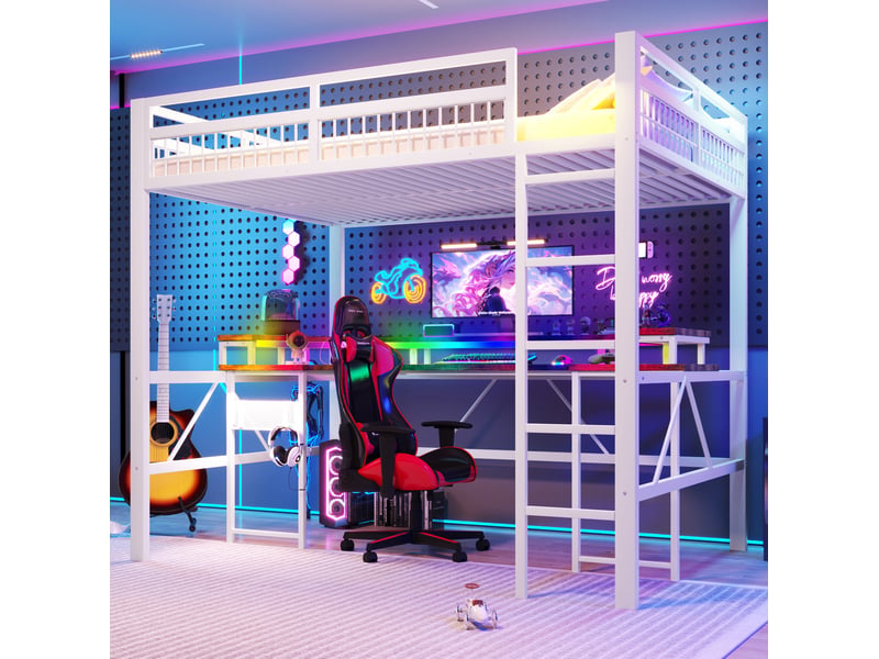  Lit mezzanine 140x200 cm en métal avec bureau, led multicolore et prises, blanc  - Conforama D