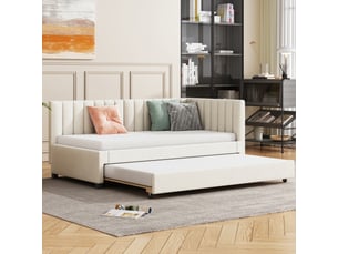 Lit banquette rembourré 90 x 200 cm,gigogne, multifonctionnel à lattes, tissu velours beige