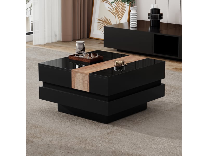  Table basse carrée plateau extensible rangement caché 70x70x39 cm - noir brillant mdf  - Conforama R