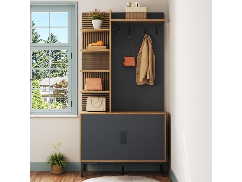  Meuble d'entrée avec crochets, 4 étagères latérales et étagère basse réglable, couleur bois et noir  - Conforama C